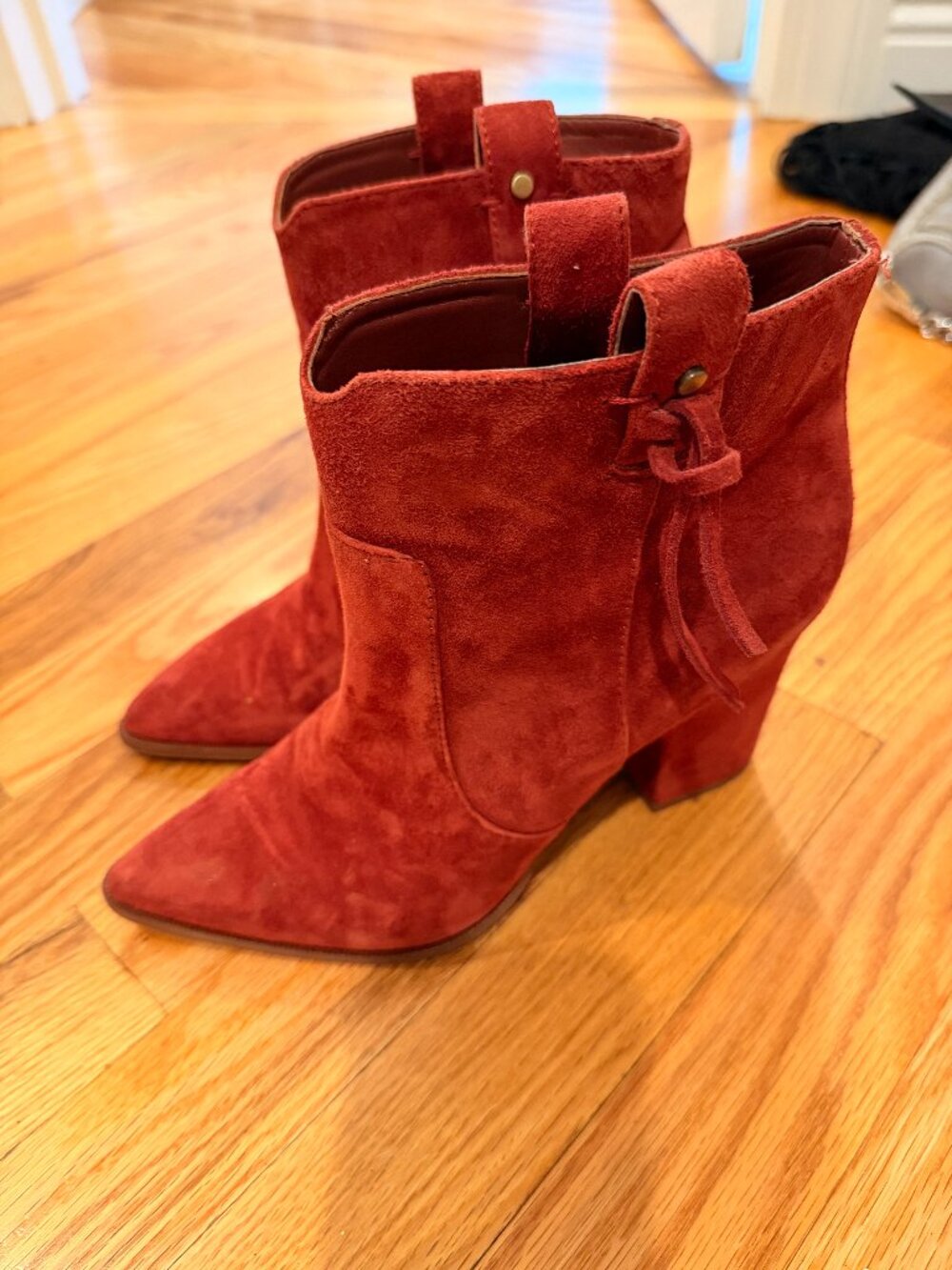 Red suede heel bootie